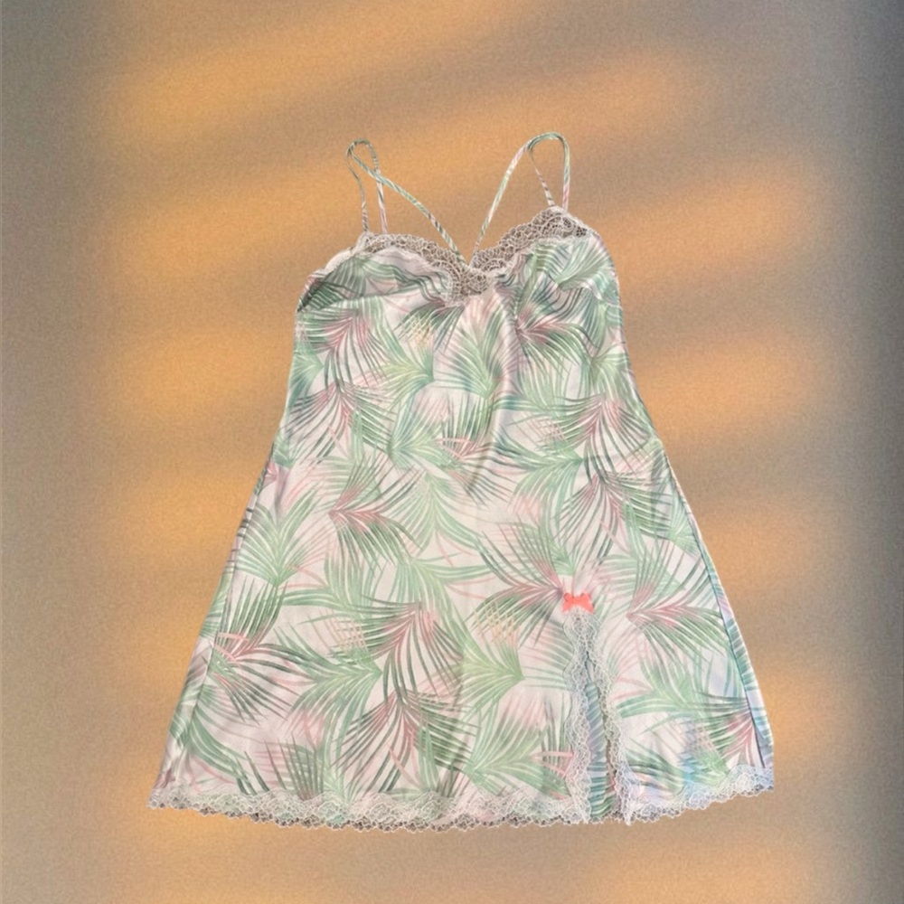 Victoria's Secret Palm-Print Lace-Trim Chemise in Green and Pink